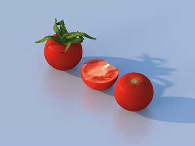 Fresh Red Tomatoes Including Whole With Green Leaves Sliced And Whole On Light Blue Surface 3d model