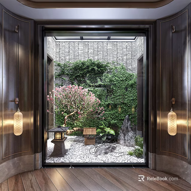 Scenic Entrance Garden with Green Ivy Walls Pink Flowering Tree Stone Lantern and Gravel Ground 3d model 