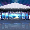 Stage with Purple Blue Lighting Large Screens Ocean Sky Scenes Reflective Floor and Lighting Equipment