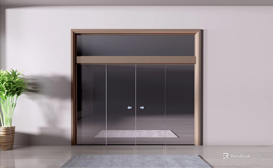 Modern Interior Sliding Glass Door With Gold Frame Gray Rug And Wooden Floor 3d model 