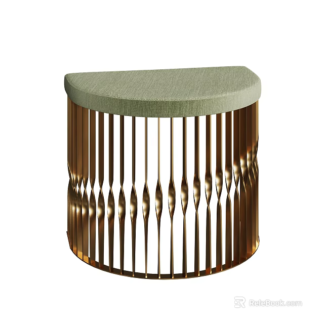 Modern Elegant Stool With Light Green Round Upholstered Top And Golden Vertical Slat Frame 3d model