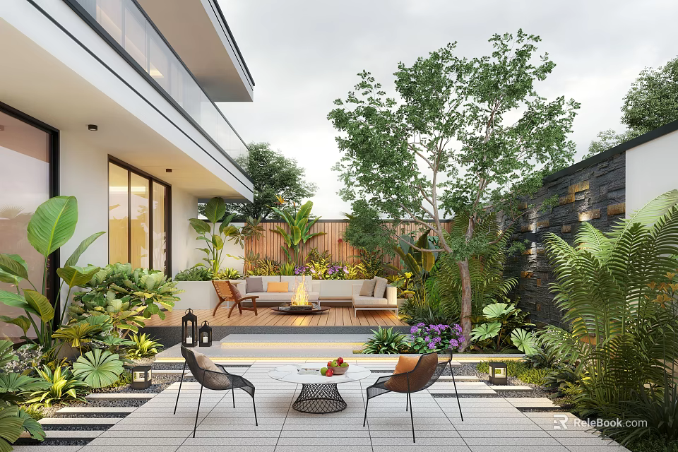 Modern Courtyard Garden With Lush Greenery Outdoor Furniture And Stone Patio 3d model 