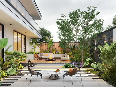Modern Courtyard Garden With Lush Greenery Outdoor Furniture And Stone Patio 3d model
