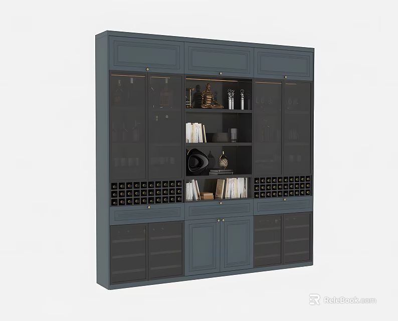 Modern Navy Blue Wine Cabinet Featuring Multiple Shelves Storage For Bottles Decorative Items And Books 3d model 