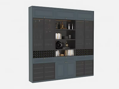 Modern Navy Blue Wine Cabinet Featuring Multiple Shelves Storage For Bottles Decorative Items And Books 3d model