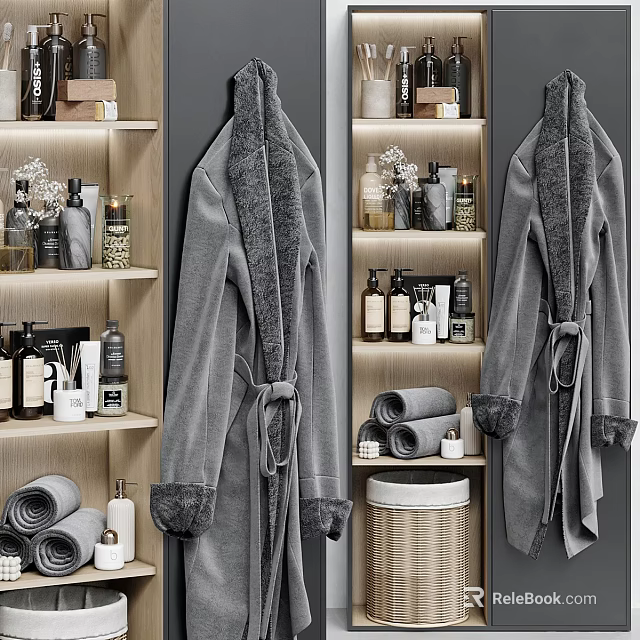 Well Organized Bathroom Vanity With Accessories Bathrobe Towels And Baskets 3d model 