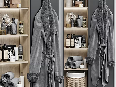 Well Organized Bathroom Vanity With Accessories Bathrobe Towels And Baskets 3d model