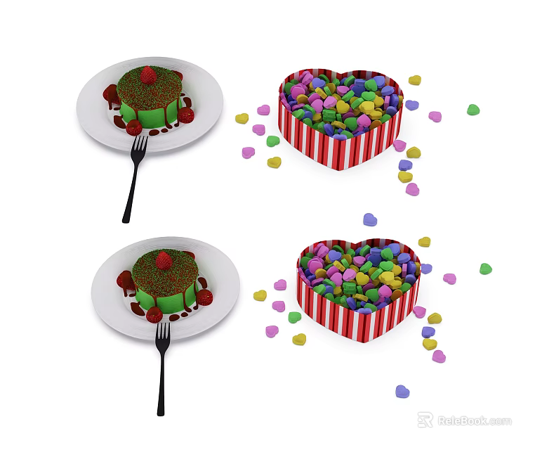 Delicious Dessert on White Plate with Fork and Heart Shaped Box of Colorful Candies Sprinkles 3d model 