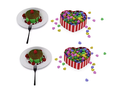 Delicious Dessert on White Plate with Fork and Heart Shaped Box of Colorful Candies Sprinkles 3d model
