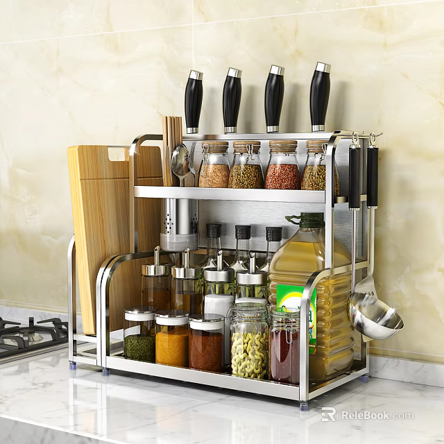 Stainless Steel Kitchen Organizer With Knives Cutting Board Spice Jars Oil Bottle And Utensils 3d model 