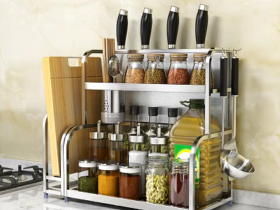 Stainless Steel Kitchen Organizer With Knives Cutting Board Spice Jars Oil Bottle And Utensils 3d model
