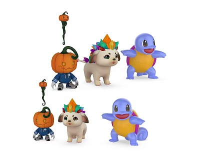 Adorable Plush Dolls in Different Sizes Including Pumpkin Shaped Puppy with Colorful Hat and Turtle 3d model