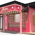 Pink Crepe Specialty Store With Display Shelves And Decorative Lights
