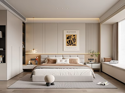 Modern Bedroom Interior Design With Bed Nightstands Pendant Lights Artwork And Rug 3d model