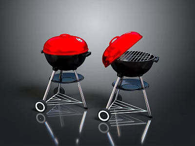 Two Red And Black Electric Grills With Wheels Open Closed Lids And Grill Grates 3d model