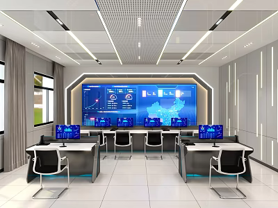 Modern Control Room With Large Display Wall Multiple Surveillance Monitors Control Desks And Office Chairs 3d model