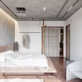 Modern Minimalist Bedroom With White Bedding Wooden Platform Bed Round Pendant Lights And Wooden Hanger