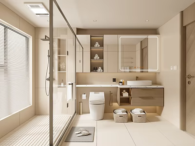Modern Bathroom Interior Design With Glass Shower Double Vanity Large Mirror And Blinds 3d model