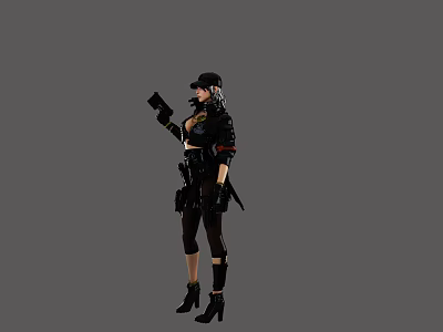Woman in Black Tactical Outfit Standing with Gun and Holster Wearing Cap 3d model