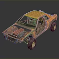 Orange Modified Off-Road Car With Rugged Design Exposed Engine Parts Open Doors And Large Tires