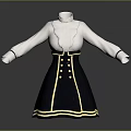 Women's White Stand Collar Blouse And Navy Blue High Waist Skirt Outfit With Gold Trim