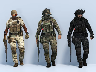 Three Game Film Military Characters Wearing Tactical Combat Uniforms with Weapons 3d model