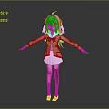 Child With Pink Twin Tails Green Bow Beige Coat White Dress Red Shoes Arms Outstretched