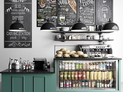 Cozy Bar Counter With Green Cabinets Display Case Bottled Condiments And Chalkboard Menus 3d model