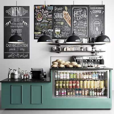 Cozy Bar Counter With Green Cabinets Display Case Bottled Condiments And Chalkboard Menus 3d model