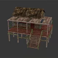 Traditional Wooden Stilt House With Sloped Roof Balcony And Wooden Stairs