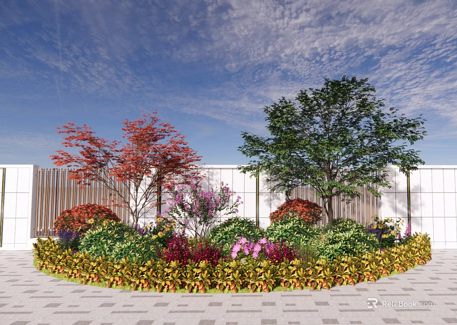 Vibrant Circular Shrub Bed With Colorful Red Purple Yellow Foliage And White Fence Blue Sky 3d model 