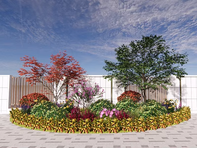Vibrant Circular Shrub Bed With Colorful Red Purple Yellow Foliage And White Fence Blue Sky 3d model