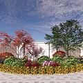 Vibrant Circular Shrub Bed With Colorful Red Purple Yellow Foliage And White Fence Blue Sky