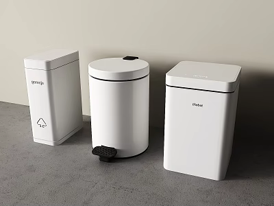 Three White Indoor Trash Bins With Different Styles And Pedal Design 3d model
