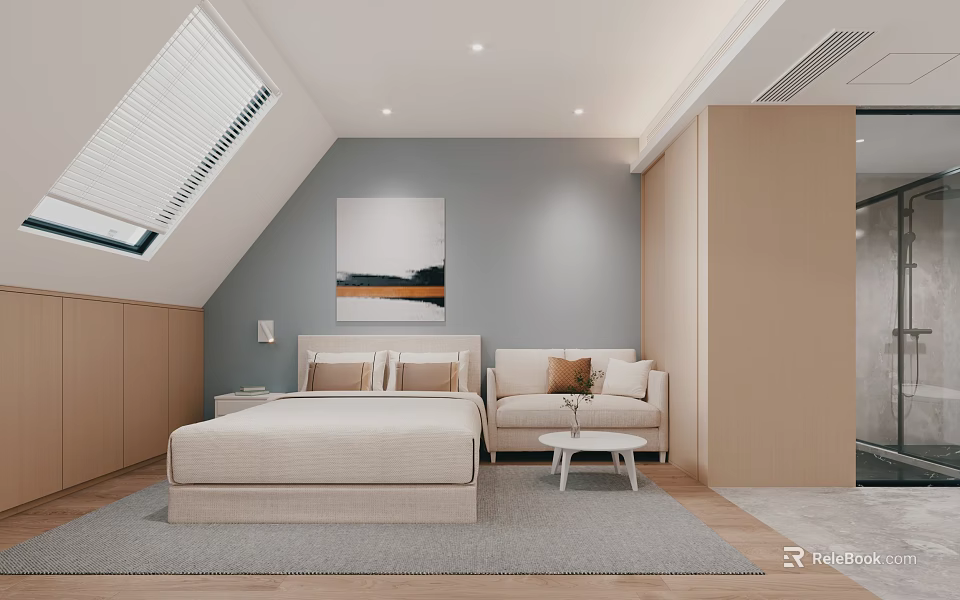 Hotel Guest Room Interior With Skylight Gray Walls Beige Bed Sofa And Wooden Floor 3d model 