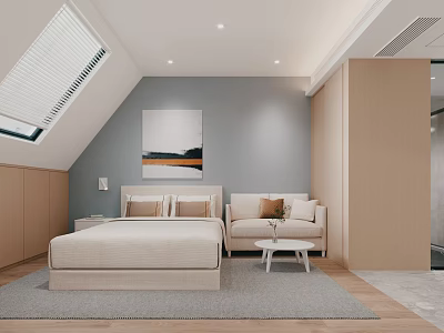 Hotel Guest Room Interior With Skylight Gray Walls Beige Bed Sofa And Wooden Floor 3d model