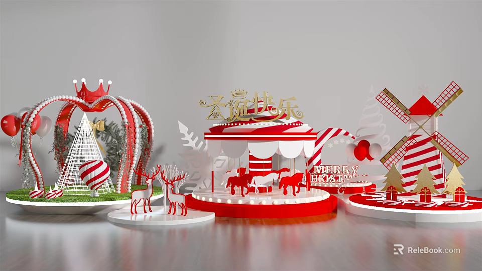 Red And White Themed Christmas Decorations With Carousel Windmill Reindeer And Tree 3d model 