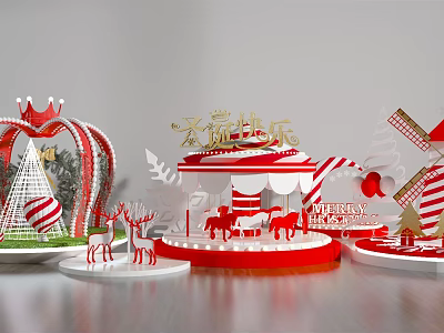 Red And White Themed Christmas Decorations With Carousel Windmill Reindeer And Tree 3d model