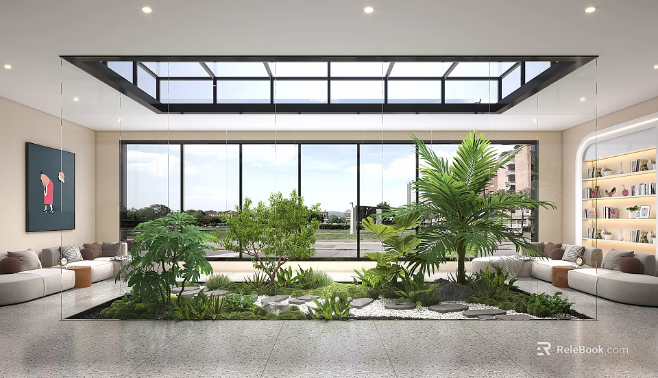 Bright Indoor Landscape With Large Glass Windows Skylight Palm Trees Green Plants And Stone Elements 3d model 