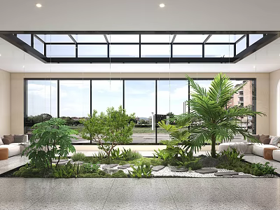 Bright Indoor Landscape With Large Glass Windows Skylight Palm Trees Green Plants And Stone Elements 3d model