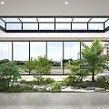 Bright Indoor Landscape With Large Glass Windows Skylight Palm Trees Green Plants And Stone Elements