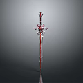 Red Mythical Sword With Intricate Hilt And Silver Accented Blade Design
