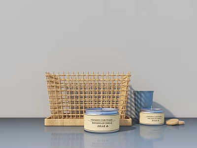 Minimalist Decorative Ornament Set With Bamboo Woven Rack Cream Jars And Small Accessories 3d model