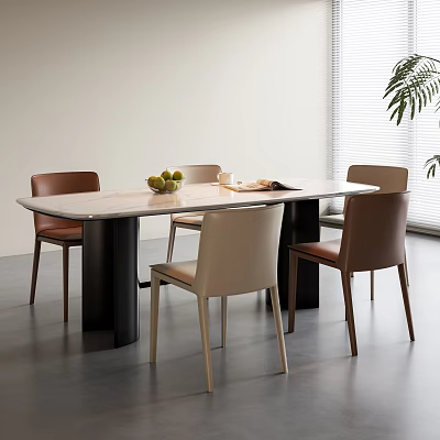 Elegant Modern Dining Room Interior With Sleek Tabletop Dining Table And Brown Beige Chairs 3d model