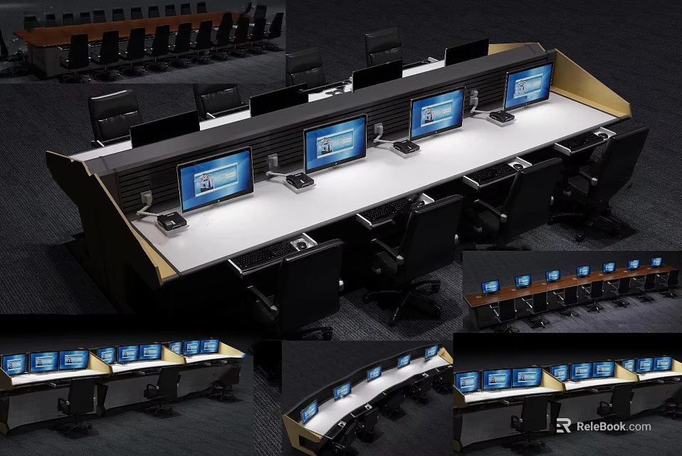 Modern Office Console Desk With Multiple Computer Monitors And Ergonomic Chairs 3d model 