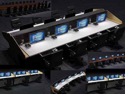 Modern Office Console Desk With Multiple Computer Monitors And Ergonomic Chairs 3d model