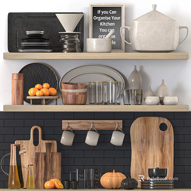 Modern Kitchen Interior With Shelves Dishes Oranges Mugs And Cutting Boards On Black Tile Wall 3d model 