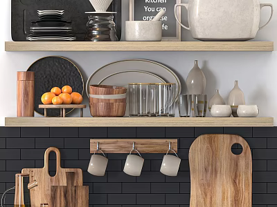 Modern Kitchen Interior With Shelves Dishes Oranges Mugs And Cutting Boards On Black Tile Wall 3d model