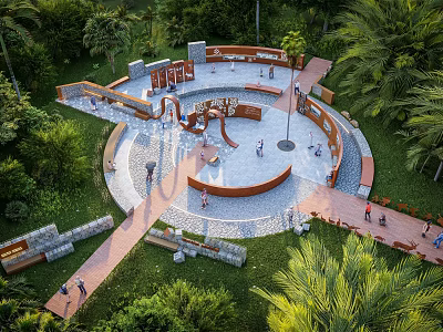 Scenic Park Landscape With Circular Walkway Seating Areas And Lush Greenery 3d model