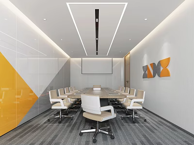 Modern Conference Room Interior With Long Table White Chairs Projection Screen And Geometric Wall Decor 3d model